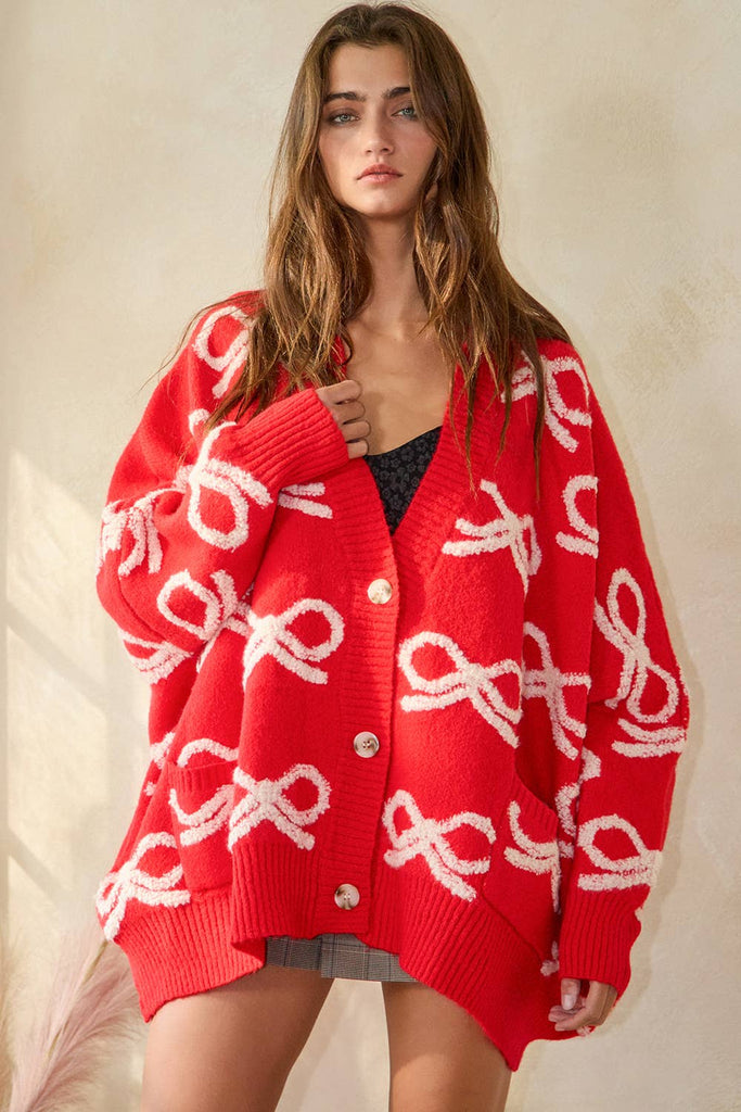 Oversized Ribbon Pullover Sweater Cardigan: CREAM/PINK