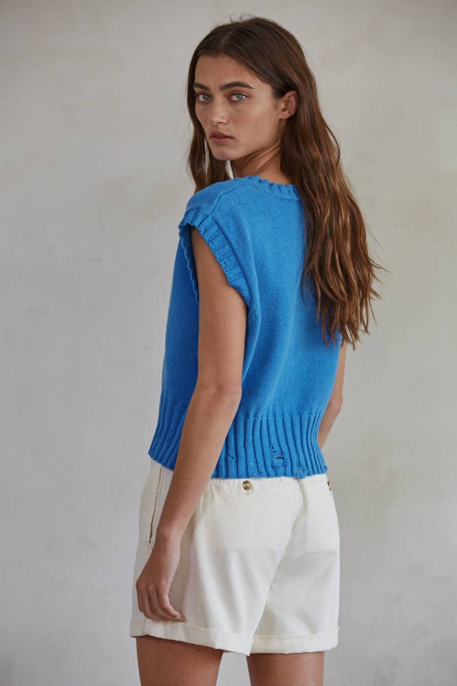 Knit Sweater Distressed V-Neck Sleeveless Vest
