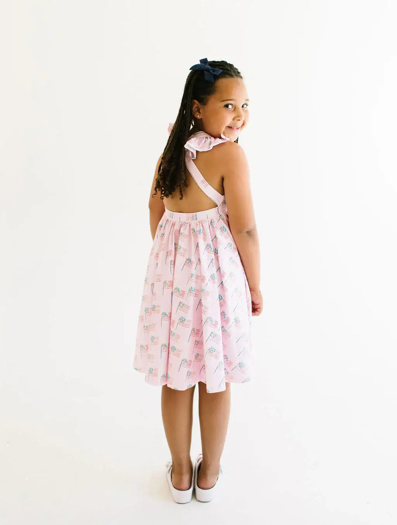 Rosita Dress in Pink Flags | Girls Pocket Twirl Dress