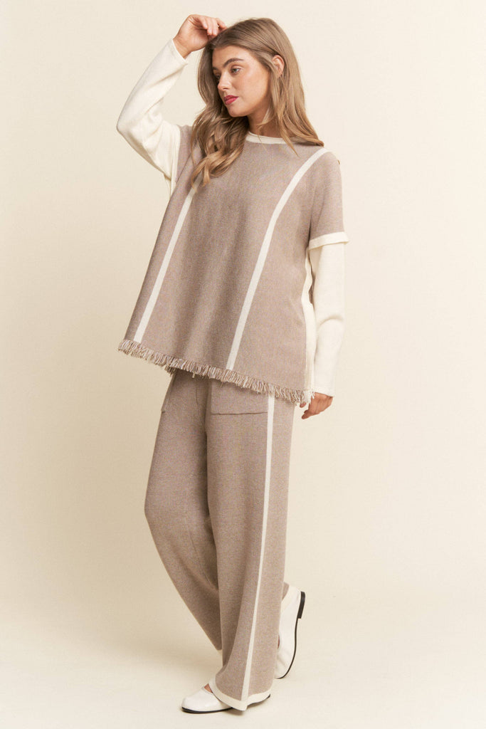 2PC Knit Set Fringe Top Wide Leg Bottoms