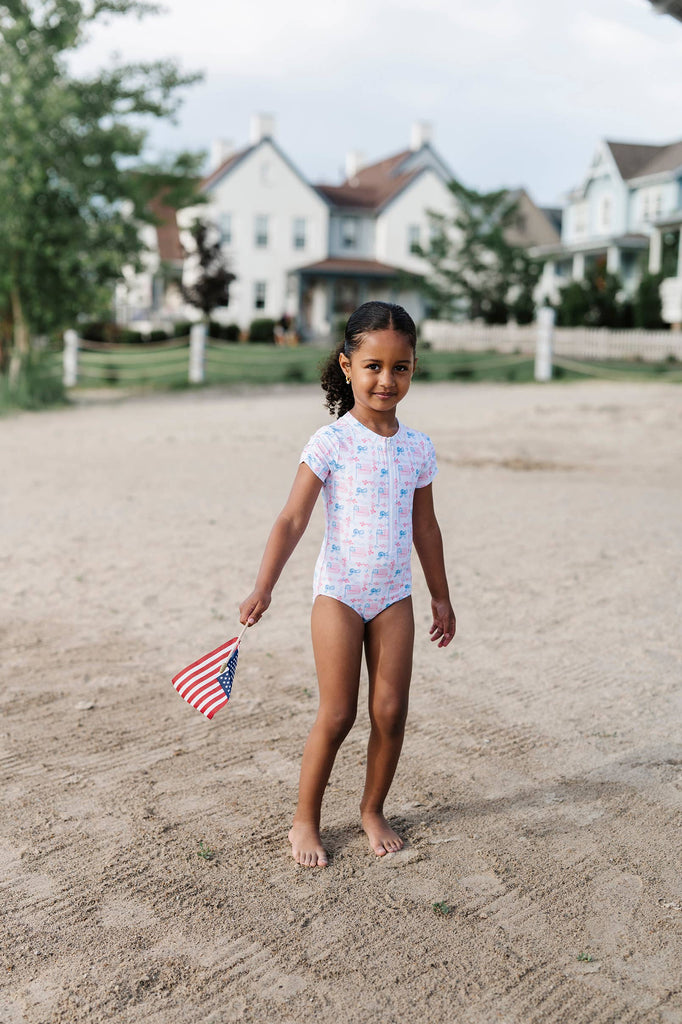 Zoey Swim in Patriotic Flags | UPF 50 One Piece Swimwear