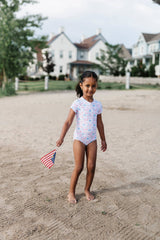 Zoey Swim in Patriotic Flags | UPF 50 One Piece Swimwear