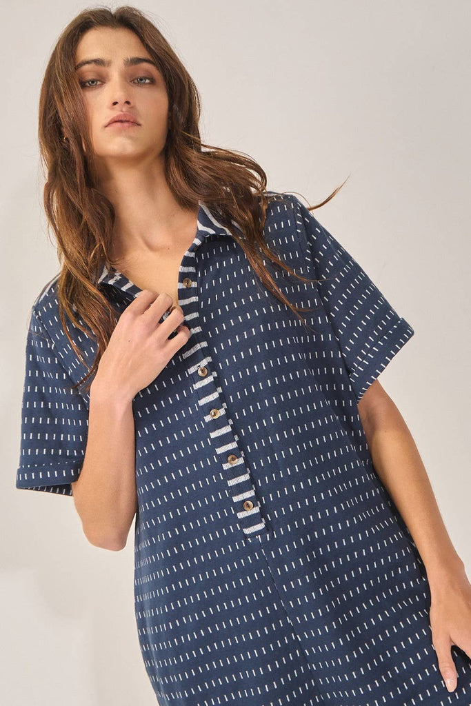 Dash Dot Print Fabric Collared Neck Romper: Dark navy