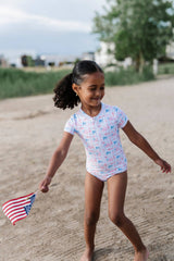 Zoey Swim in Patriotic Flags | UPF 50 One Piece Swimwear