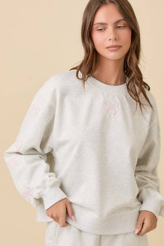Crewneck Long Sleeve Top With Ribbon Bow Short set