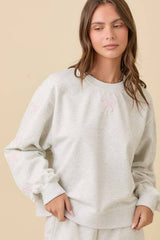 Crewneck Long Sleeve Top With Ribbon Bow Short set