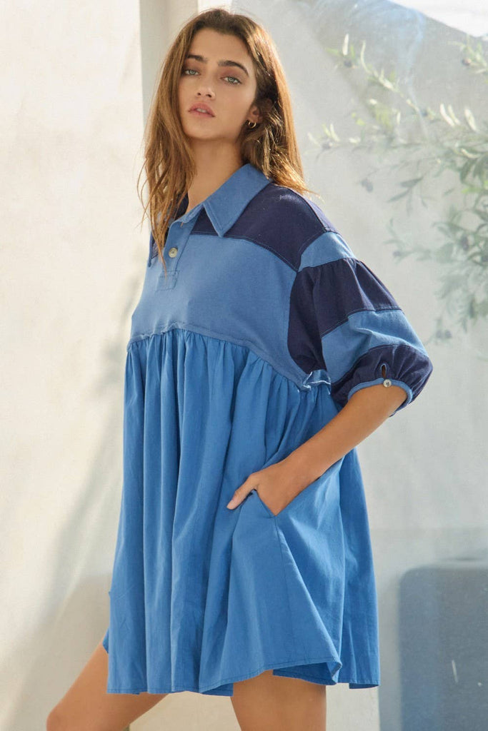 Billowy Shapeless Silhouette Rugby Mini Dress: Denim blue