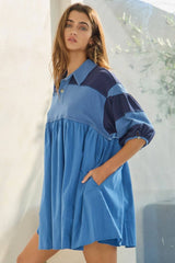 Billowy Shapeless Silhouette Rugby Mini Dress: Denim blue