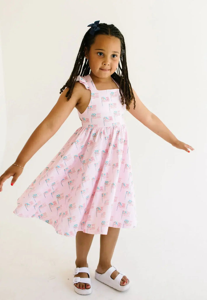 Rosita Dress in Pink Flags | Girls Pocket Twirl Dress