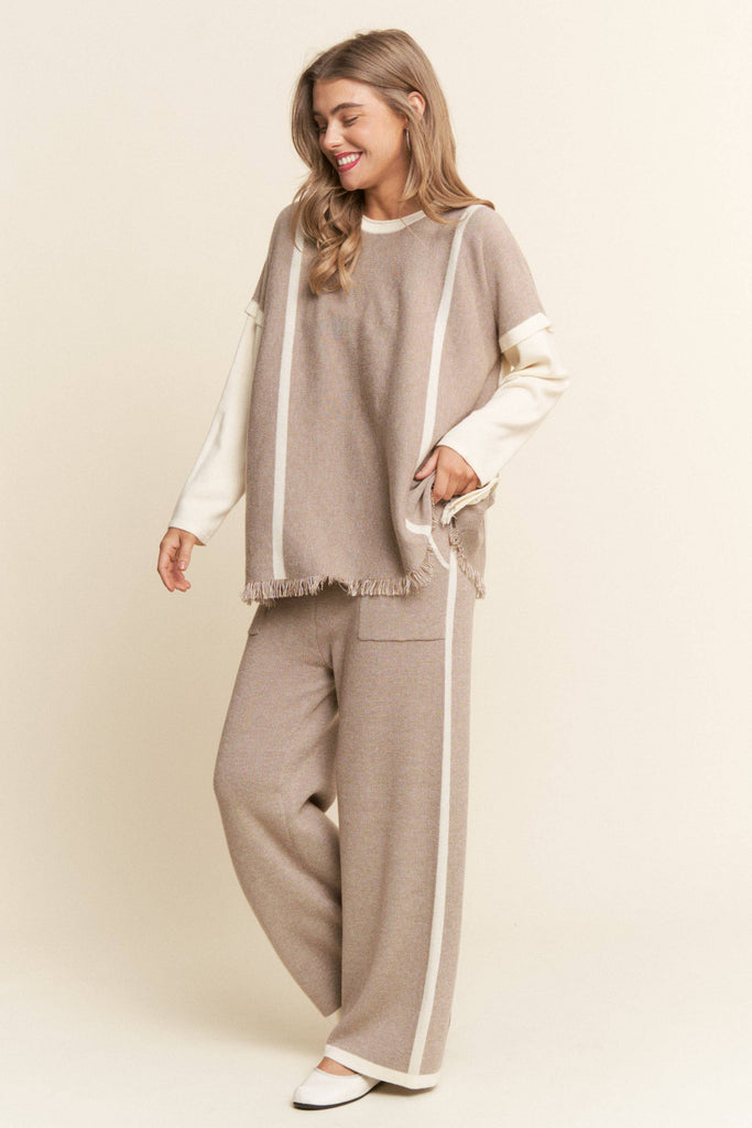 2PC Knit Set Fringe Top Wide Leg Bottoms