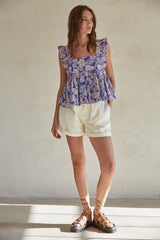 Cotton Square Neck Ruffle Sleeve Flare Top