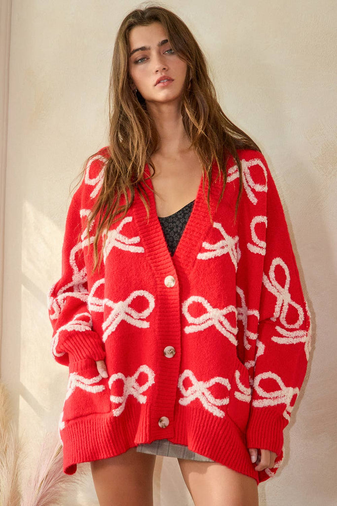 Oversized Ribbon Pullover Sweater Cardigan: CREAM/PINK