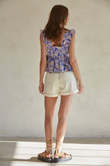Cotton Square Neck Ruffle Sleeve Flare Top