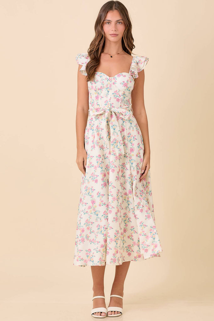 Floral Printed Ruffle Sleeve Midi Dress