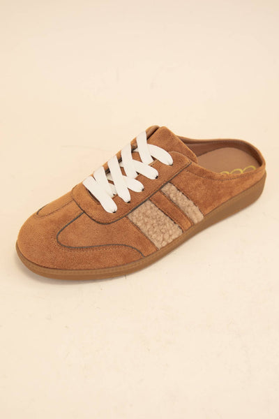 SANDRA FUR STRIPE DESIGN BACKLESS MULE COURT SNEAKERS: CAMEL – My
