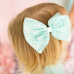 Aqua Ditsy Daisy Easter Tulle Bow Clip - Kids Hair