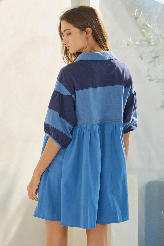 Billowy Shapeless Silhouette Rugby Mini Dress: Denim blue