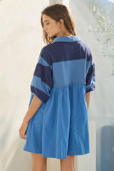 Billowy Shapeless Silhouette Rugby Mini Dress: Denim blue
