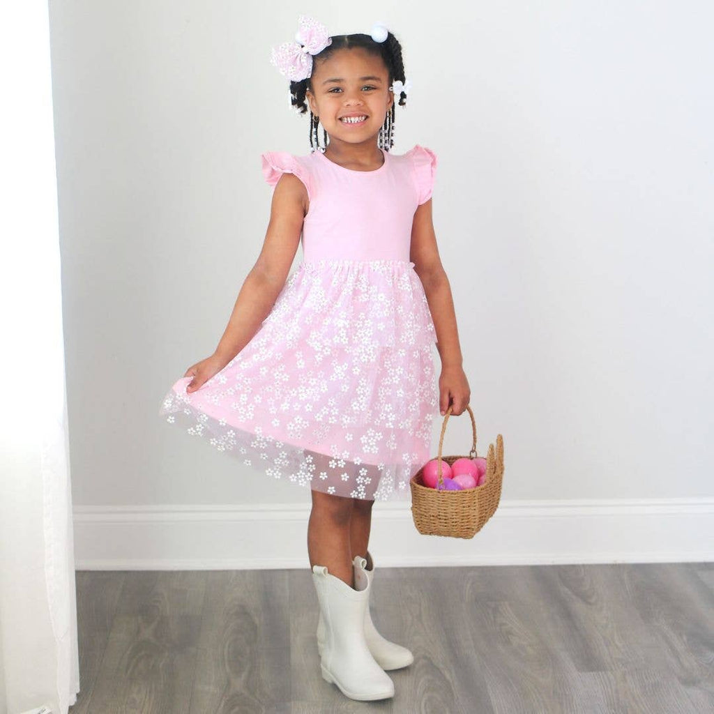 Pink Ditsy Daisy Easter Tiered Short Sleeve Tutu Dress