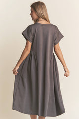 Casual V Neck Pleated Design Midi Dress