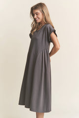 Casual V Neck Pleated Design Midi Dress
