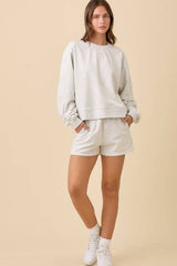Crewneck Long Sleeve Top With Ribbon Bow Short set