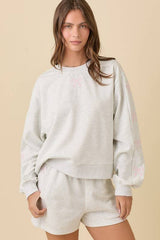 Crewneck Long Sleeve Top With Ribbon Bow Short set