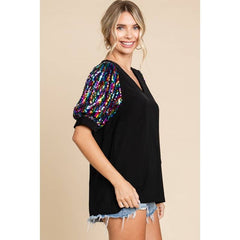 Sequins Puff Sleeves Top: BLACK / S