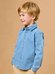 Boys Light Wash Stretch Denim Long Sleeve Button Down Shirt