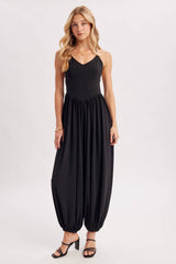V-NECK RELAXED FLOWY LEGS JUMPSUIT CRISS-CROSS OPEN BACK