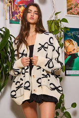 Oversized Ribbon Pullover Sweater Cardigan: CREAM/PINK