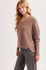 OPEN KNIT DOLMAN SLEEVED V-NECK KNIT SWEATER