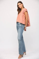SHIRRED DETAIL SIDE TIE CAP SLV TOP-CORAL PINK
