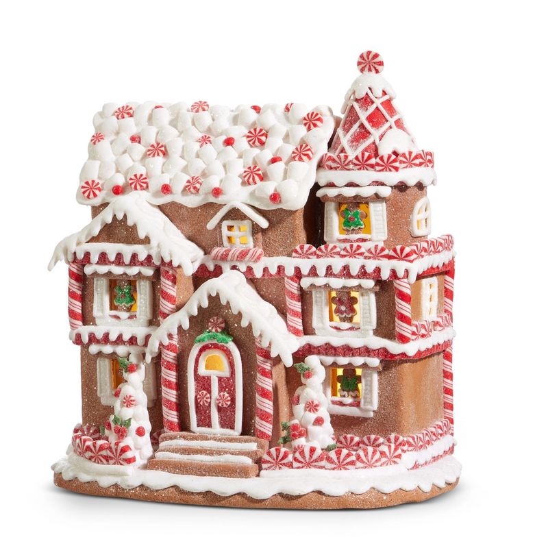 11” lighted peppermint gingerbread house