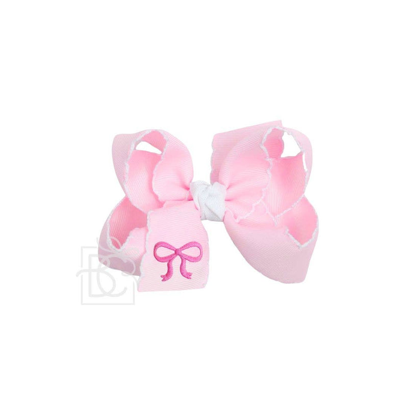 EMBROIDERED BOW CROCHET EDGE HAIR BOW ON ALLIGATOR CLIP : Light Pink w/ White Crochet Edge & Hot Pink Embroidered Bow / 4.5" Large