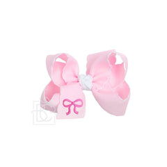 EMBROIDERED BOW CROCHET EDGE HAIR BOW ON ALLIGATOR CLIP : Light Pink w/ White Crochet Edge & Hot Pink Embroidered Bow / 4.5" Large