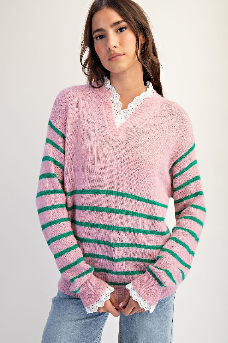 Pink and green striped sweater with lace detail