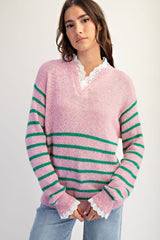 Pink and green striped sweater with lace detail