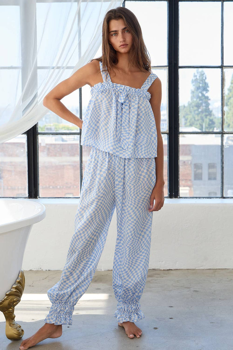 T2427-SET Checker Geometric Ruffled Pajama Tank & Pants Sets