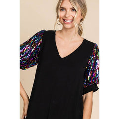 Sequins Puff Sleeves Top: BLACK / S