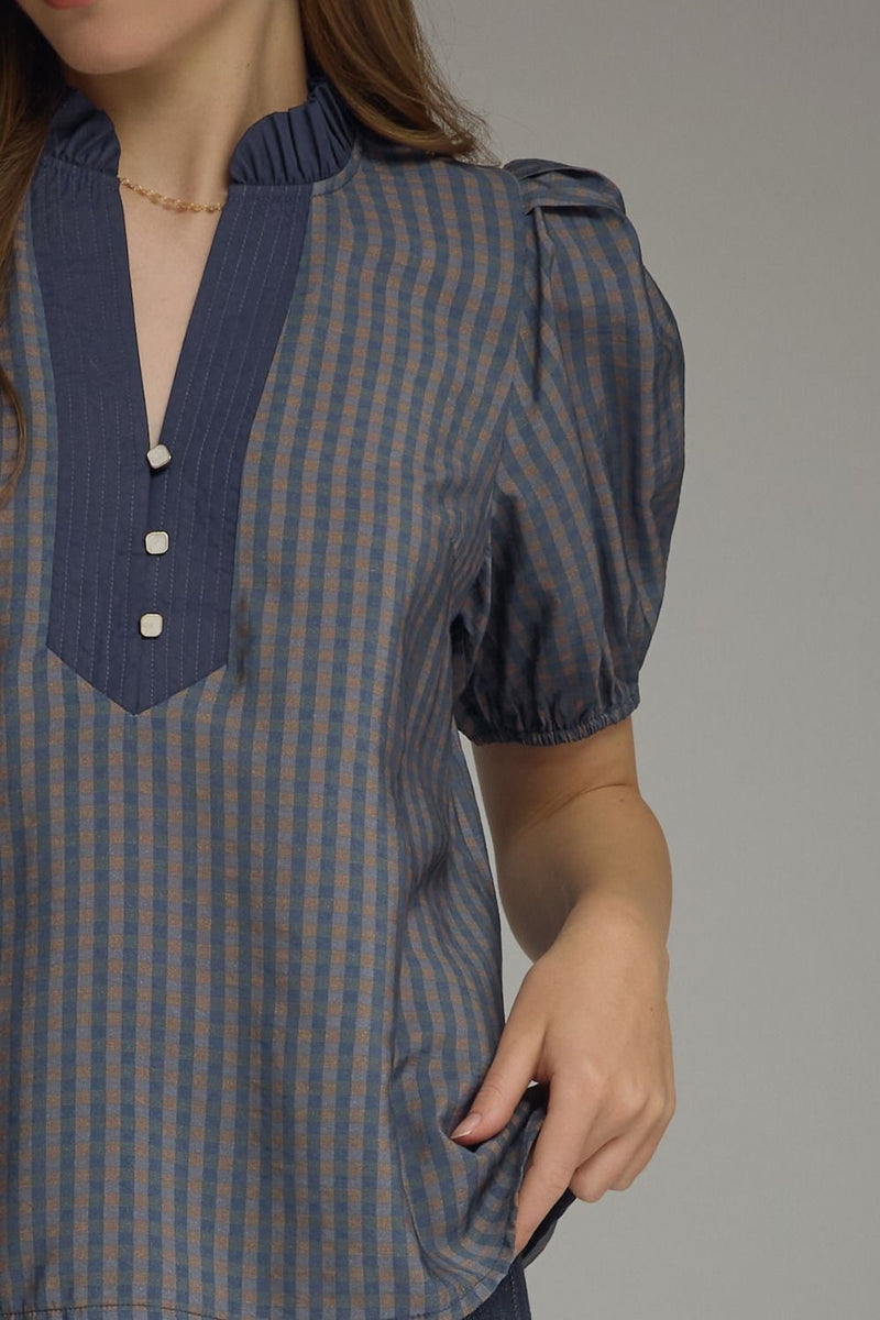 Navy and Taupe check top