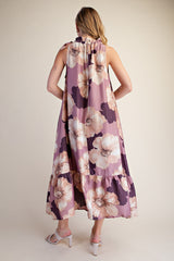 Floral midi dress with neck tie
