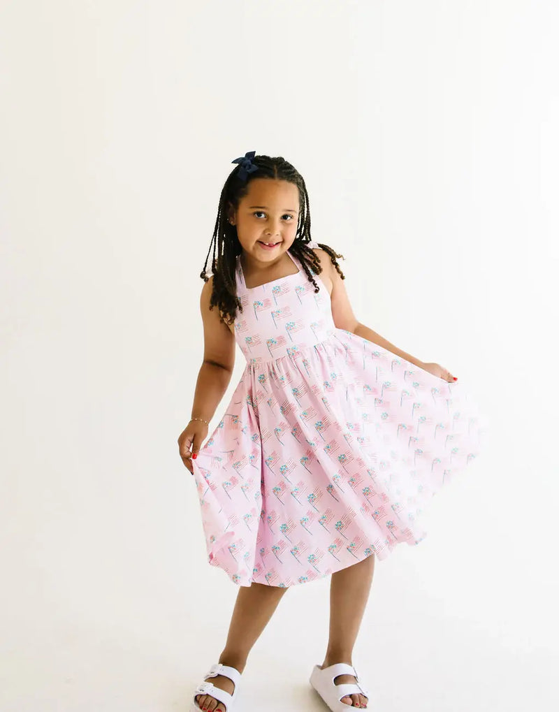 Rosita Dress in Pink Flags | Girls Pocket Twirl Dress