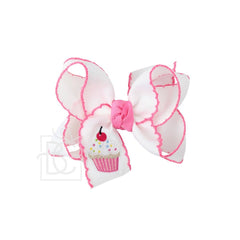 EMBROIDERED NEW CUPCAKE CROCHET EDGE HAIR BOW: 4.5" Large