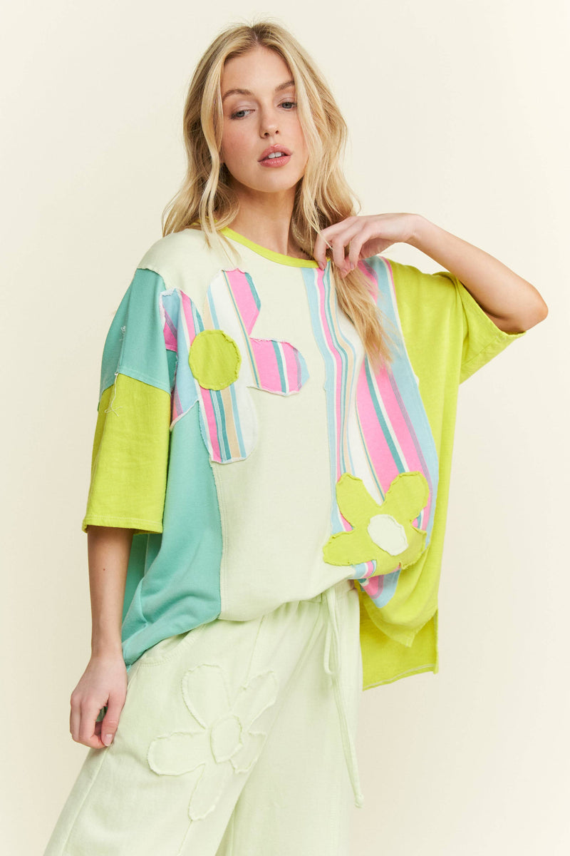 Striped Flower Patched Washed Casual top with matching pant