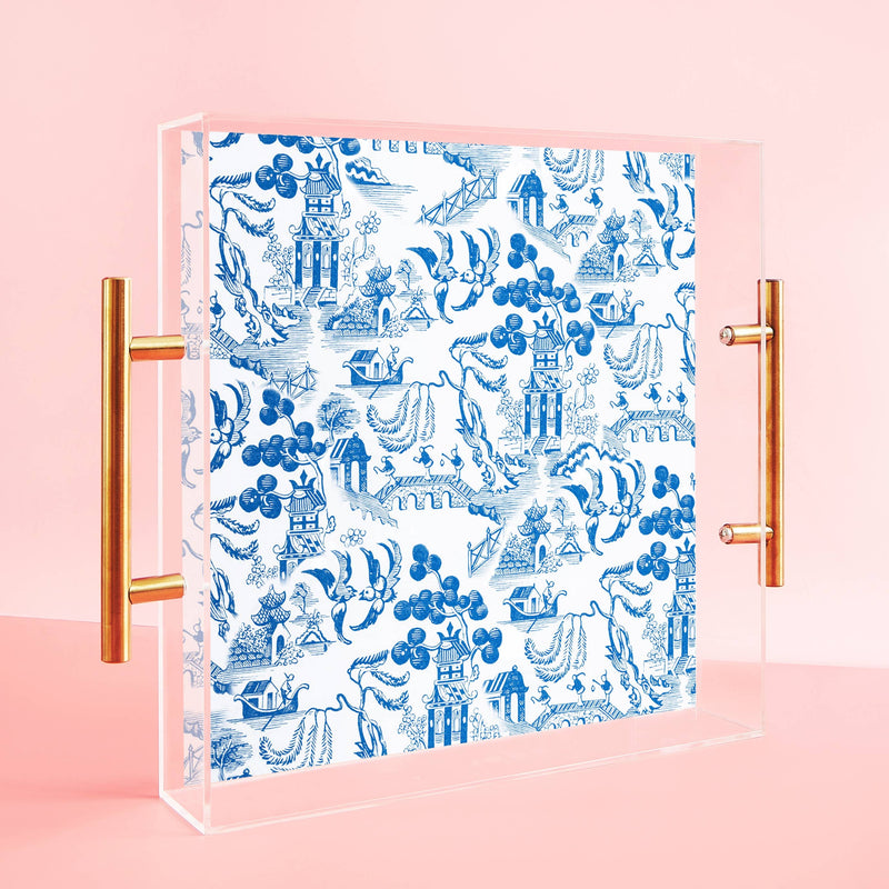 Chinoiserie Print Acrylic Tray With Gold Handles