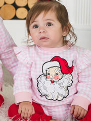 Baby Girls Dear Santa Pink Gingham Applique Sweatshirt Bubble Romper