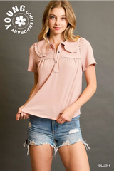Waffled ruffle collard top