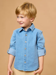 Boys Light Wash Stretch Denim Long Sleeve Button Down Shirt