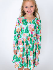 Girls Pink Jolly Gingerbread Knit Long Sleeve Twirl Dress